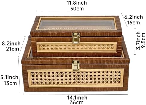 Set of 2 Stackable Rattan and Cane Display Boxes with Glass Lid,Brown - Image 3