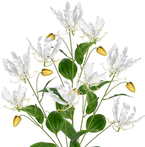 Briful 33'' Real Touch Artificial Flowers Sprays Set of 3 Fake Gloriosa Superba Flowers, White Faux Flame Lily Flowers Bouquets Floral Arrangeme by Briful