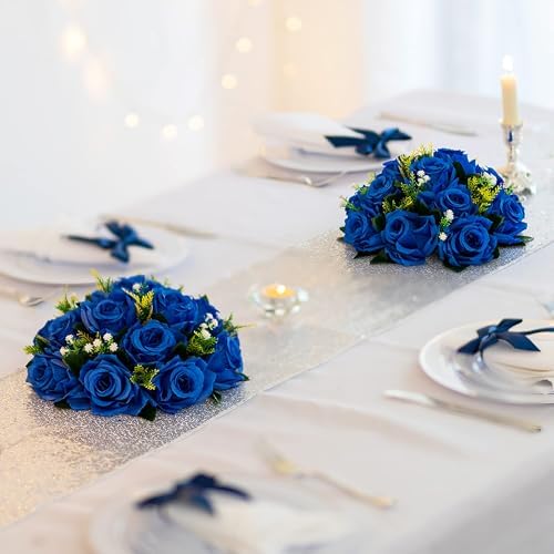 BLOSMON Royal Blue Artificial Flowers: 6 Pcs Fake Roses Flower Ball Centerpieces for Wedding Dinning Table - Faux Silk Kissing Bouquet with Base Floral Arrangement for Home Party Event Decor - Image 2