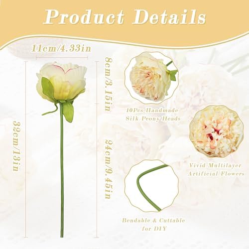 SITUMEIZI 10PCS Artificial Peony Flowers, Real Touch Fake Silk Bouquet with Stems for Home Mothers Day Wedding Party Centerpieces Table Decoration Indoor(Champagne) - Image 2
