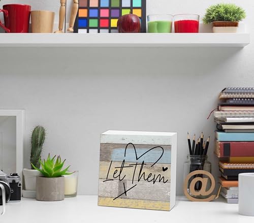 Let Them Wooden Sign, Office Decorations for Work, Let Them Mental Health Rustic Wood Box Signs 5x5 Inch, Desk Shelf Tabletop Decor for Home Cubicle Decor, Office Gifts for Coworkers Women, 14 - Image 3