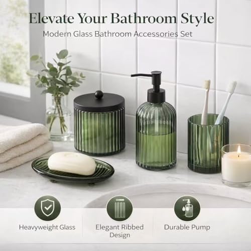 4PCs Heavy Weight Decent Glass Bathroom Accessories Set with Decorative Pressed Pattern - Includes Hand Soap Dispenser & Tumbler & Soap Dish & Toothbrush Holder (Green) - Image 2
