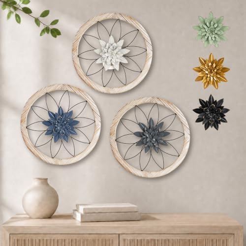 Paquesta 3 Piece Round Farmhouse Wall Decor with 6 Piece Interchangeable Flowers 15.75'' Medallion Wood & Metal Rustic Wall Art for Living Room Bedroom Kitchen Bathroom Dining Room Home Decorations (large black wheel) by Paquesta