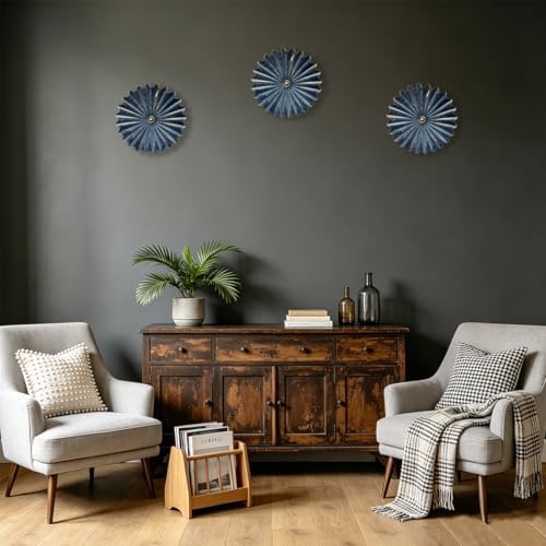 Metal Wall Flower Decor 11.4'' Navy Blue Gold Sunburst Floral Wall Art - Image 4