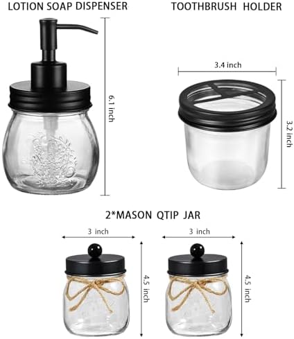 Amolliar Glass Mason Jar Bathroom Accessories Set 4 Pcs (Black) - Image 2