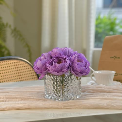 Artificial Peony Silk Flower Centerpieces with LED Light Faux Floral Arrangement in Glass Vase for Home Wedding Table Decoration (Purple) - Image 6