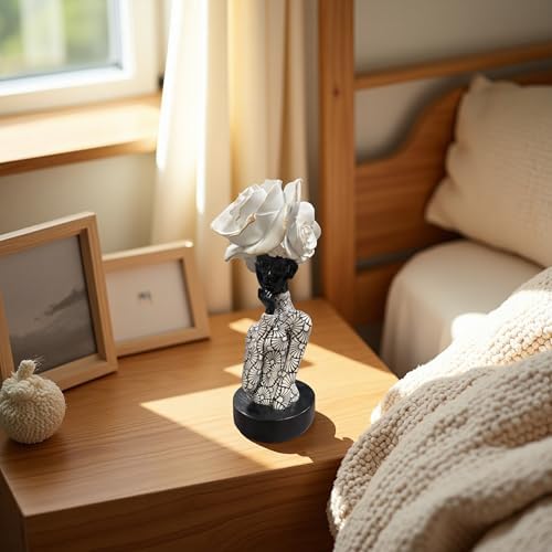Lescafita African Woman Sculpture with White Rose Headdress, Black and White Resin Statues, Modern Abstract African Art Statue for Home Decor Shelf Table Office Display - Image 2
