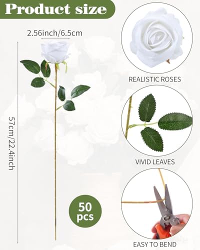 Coferset 50pcs Velvet Artificial Roses Flowers in Bulk,White - Image 6