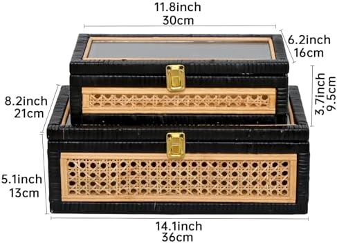 Black Rattan Decorative Wood Storage Boxes with Glass Lids Set of 2 - Image 2