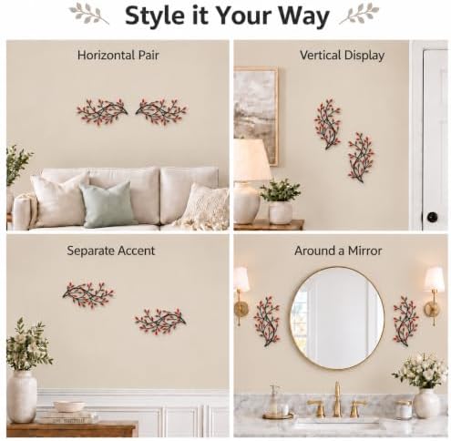Meltset Metal Tree Leaf Wall Decor, Vine Olive Leaf Branch Wall Art, Wrought Iron Scroll Artwork, Decorative Wall Sculptures Above The Bed, Living Room, Hallway, Indoor and Outdoor（S/Red） - Image 5