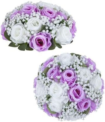 BLOSMON Fake Flowers Ball Centerpiece: 2 Pcs, Lilac White Rose Babys Breath by Blosmon