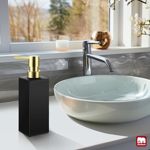 GMISUN Gold Hand Soap Dispenser, Black Glass Soap Dispenser with Gold Pump for Bathroom, 12 fl oz/350ml Refillable Dish Dispensers for Kitchen, Modern Liquid Lotion Bottles for Countertop - Image 6