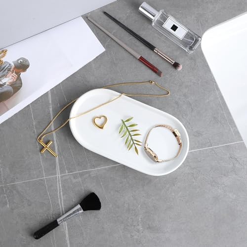 White Round Soap Dispenser Tray - 8'' Ceramic Vanity Tray for Bathroom Decorative, Jewelry Ring Dish, Comestic Holder, Kitchen Sink Countertop Organizer Plate - Image 5