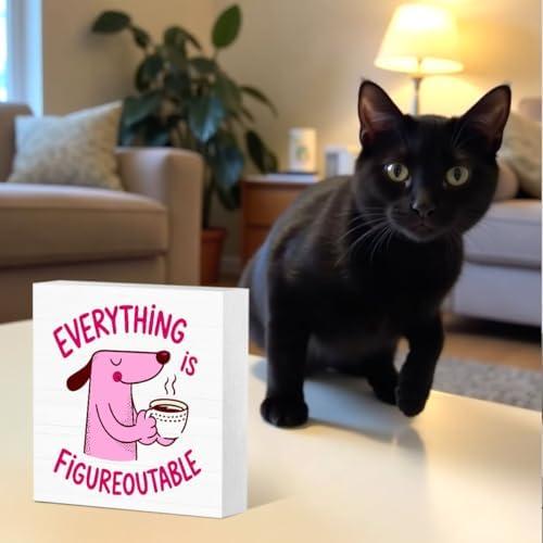 Pink Cute Dog Home Office Desk Decor, Inspirational Farmhouse Wooden Sign for Tabletop Cubicle Shelf Desk Accessories Everything is Figureoutable Coworker, Friend Bookshelf Decor （5x5 in） - Image 4