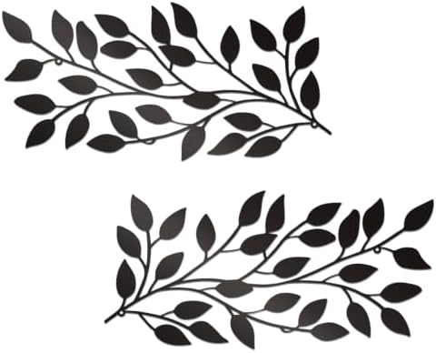ESTART 2 Pieces Metal Tree Leaf Wall Decor Vine Olive Branch Leaf Wall Art Ornament Wall Hanging Sign for above Door, Living Room, Office, Indoor and Outdoor Decoration (Black B) by ESTART