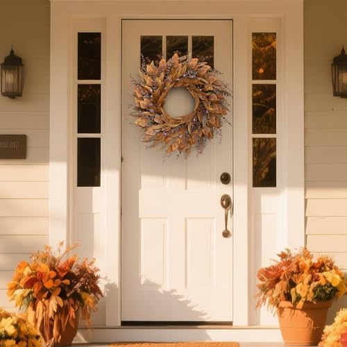 26" Artificial Fall Eucalyptus Wreath with Seeds for Front Door(Orange) - Image 2