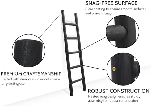 FUIN Blanket Ladder, 57in Rustic Solid Wood Decorative Ladder, Black - Image 3