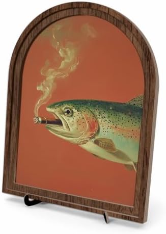 Vintage Wildlife Wood Tabletop Decor, Smoking Trout Arched Frame Wall Art by Unknown