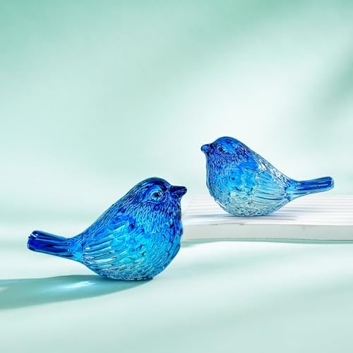 2 Pcs 3 Inch Blue Blown Glass Bird Figurines Miniature Decor - Image 2