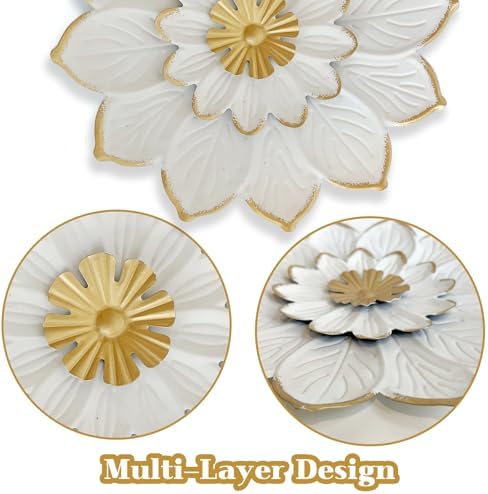 LIFFY 9.2“ White and Gold Metal Flower Wall Art, Modern Rustic Floral Decor for Indoor Living Room Bedroom Office Outdoor Garden Patio Yard - Image 5