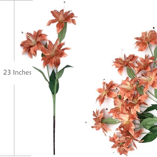 Artificial Lily Flowers, Vintage Fake Silk Flower Long Stems Stargazer Lilies Real Touch Faux Plants Stem Tiger Bouquets for Home Decor Indoor Outdoor Wedding Party Floral DIY Decorations Brown 4 Pack - Image 2
