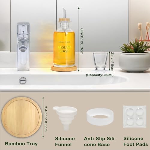 Mouthwash Dispenser for Bathroom 11.8oz – Clear Glass Mouthwash Bottle with Bamboo Tray, Silicone Base, Gold Hot-Stamped Lettering, Refillable Mouthwash Container for Bathroom (Clear) - Image 5