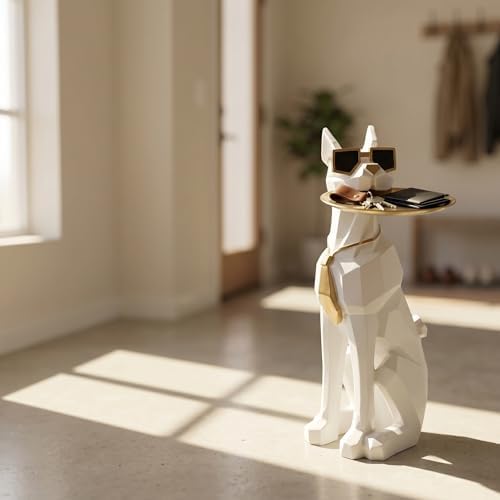 Geometric Dog Sculpture Animal Side Table with Tray and Tissue Box(White) - Image 6