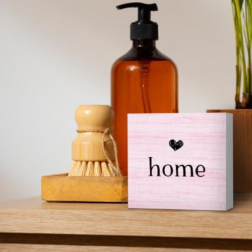 Home Sign, Home Signs for House Decor, Welcome Sign, Rustic Farmhouse Desk Decor Wood Block Box Plaque for Living Room Wall Shelf, Housewarming Gifts (Pink) - Image 4