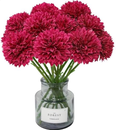 Tinsow 12Pcs Artificial Chrysanthemum Flowers Faux Bright Red Ball Flowers Burgundy Fall for Christmas Autumn Farmhouse Home Decoration (12,Bright Red) by Tinsow