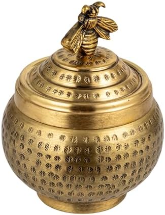 Creative Co-Op Round Hammered Metal Container with Bee Finial, Brass Finish by Unknown