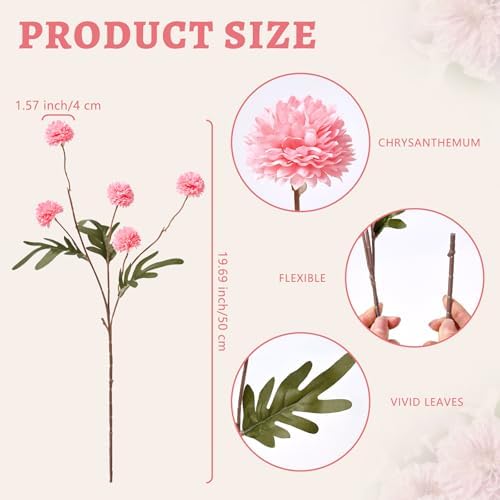 Waipfaru 10pcs Pink Fake Flowers, Artificial Pompon Mums - Image 2