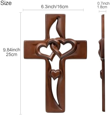 Hand-Carved Intertwined Hearts 9.84 inches Wooden Wall Cross for Wall Sacred, Mothers Day Gifts for Mom ,Handmade Hanging Cross Heart-Shaped Decoration Marriage Wedding Valentine Wood Decorative Gift - Image 3