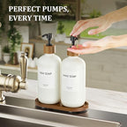 MASADI White Soap Dispenser Set with Tray, Dish and Hand soap Lotion Dispenser Set with Wooden Pump for Kitchen and Bathroom Decor for Counter, Modern Vintage Liquid Soap Dispensers - Image 3
