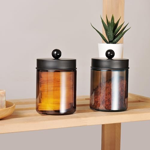 Amolliar Amber Glass Apothecary Jars Qtip Holder w/Metal Lids,Black 2pc - Image 5