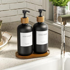 MASADI Black Soap Dispenser Set with Tray, Dish and Hand soap Lotion Dispenser Set with Wooden Pump for Kitchen and Bathroom Decor for Counter, Modern Vintage Liquid Soap Dispensers - Image 2