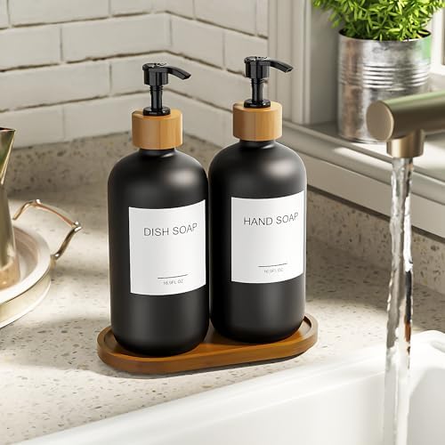MASADI Black Soap Dispenser Set with Tray, Dish and Hand soap Lotion Dispenser Set with Wooden Pump for Kitchen and Bathroom Decor for Counter, Modern Vintage Liquid Soap Dispensers - Image 2