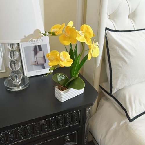 Artificial Real Touch Orchid Flowers with White Ceramic Vase, Yellow - Image 6