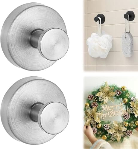 Suction Cup Hooks for Wreaths on Glass, 2025 New Model No-Drill Suction Cup Hooks, Wreath Hangers for Front Doors, Metal Towel Hooks for Showers Bathrooms Mirrors (2, Silver) by Unknown