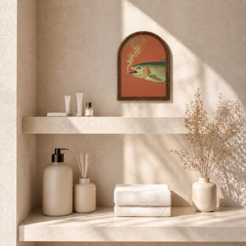 Vintage Wildlife Wood Tabletop Decor, Smoking Trout Arched Frame Wall Art - Image 7