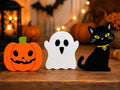 Halloween Decorations for Indoor Home 3 Pcs, Cute Wooden Pumpkin Ghost Black Cat Decor for Tabletop Tiered Tray, Halloween Centerpiece Sign for Desk Fireplace Office Shelf Farmhouse Rest Bathroom Dorm by Leetous
