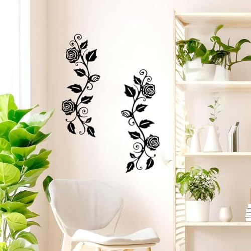 DUOOLN 2 Pcs Metal Rose Tree Leaf Wall Decor, Long Iron Scroll Vine Wall Art Above, Rustic Hanging Sign Flowers Sculpture, For Above Door Living Room Office Indoor And Outdoor Decoration - Black - Image 3