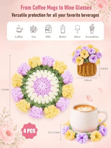 Crochet Flower Bouquet Coasters, Cotton Tulip Gift for Home Decor 4Pcs - Image 2