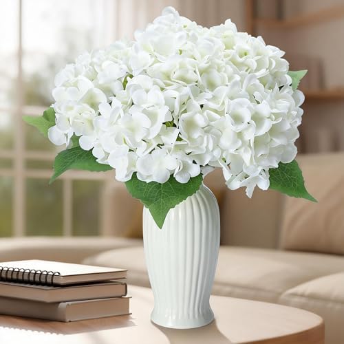 6PCS White Silk Hydrangea Artificial Flowers with Vase, Fake Hydrangea Flowers in Vase for Bedroom Decor Home Table Decor DIY Floral Decoration-14.25 Inch by QUNWREATH