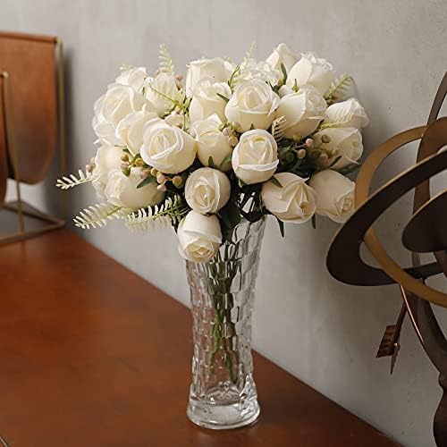 Artificial Rose Flowers 20 Heads 2 Bundles Silk Bridal Bouquet, Cream - Image 3