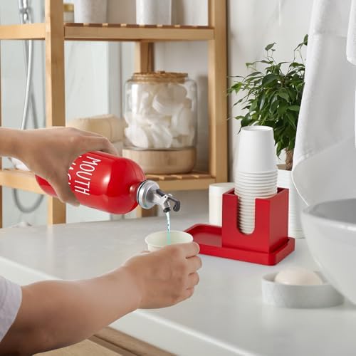 Glass Mouthwash Dispenser for Bathroom, 16 OZ Mouthwash Dispenser with Pour Spout and Wood Cup Holder and Tray, Mouth Wash Bottle Container, Red Kitchen Bathroom Decor and Accessories - Image 6