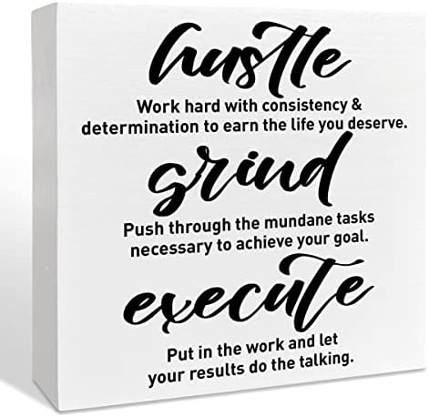Inspirational Wooden Box Sign, Hustle Grind Execute, Inspirational Home Office Desk Decor, Motivational School Classroom Decoration, Positive Gifts for Women Men Coworkers Student 5 inches*5 inches by NKBINLILI
