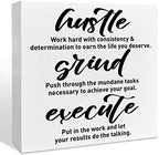 Inspirational Wooden Box Sign, Hustle Grind Execute, Inspirational Home Office Desk Decor, Motivational School Classroom Decoration, Positive Gifts for Women Men Coworkers Student 5 inches*5 inches by NKBINLILI