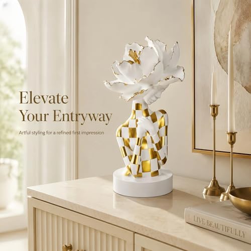 Lescafita White and Gold African Woman Sculpture – Elegant Resin Figurine with Floral Headpiece, Modern African Art Statue for Home Decor, Cultural Figurine Gift for Women - Image 6