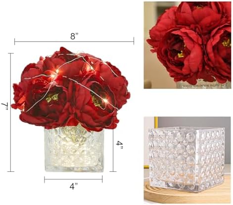 Artificial Peony Silk Flower Centerpieces with LED Light Faux Floral Arrangement in Glass Vase for Home Wedding Table Decoration (Dark Red) - Image 2
