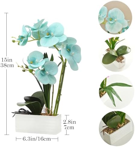 Artificial Real Touch Orchid Flowers with White Ceramic Vase, Golden Blue - Image 2